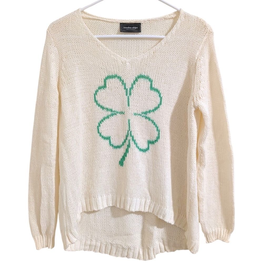 Wooden Ships Cream V-Neck Sweater with Green Clover